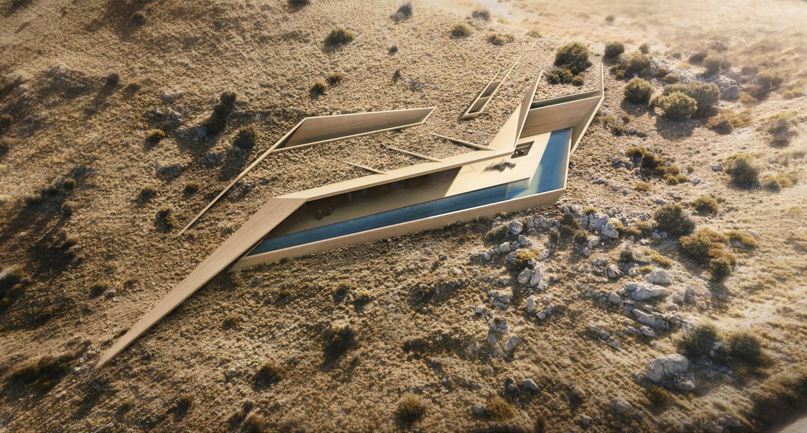 Exterior perspective rendering of a contemporary underground concrete house with a pool; day mode bird-eye view.