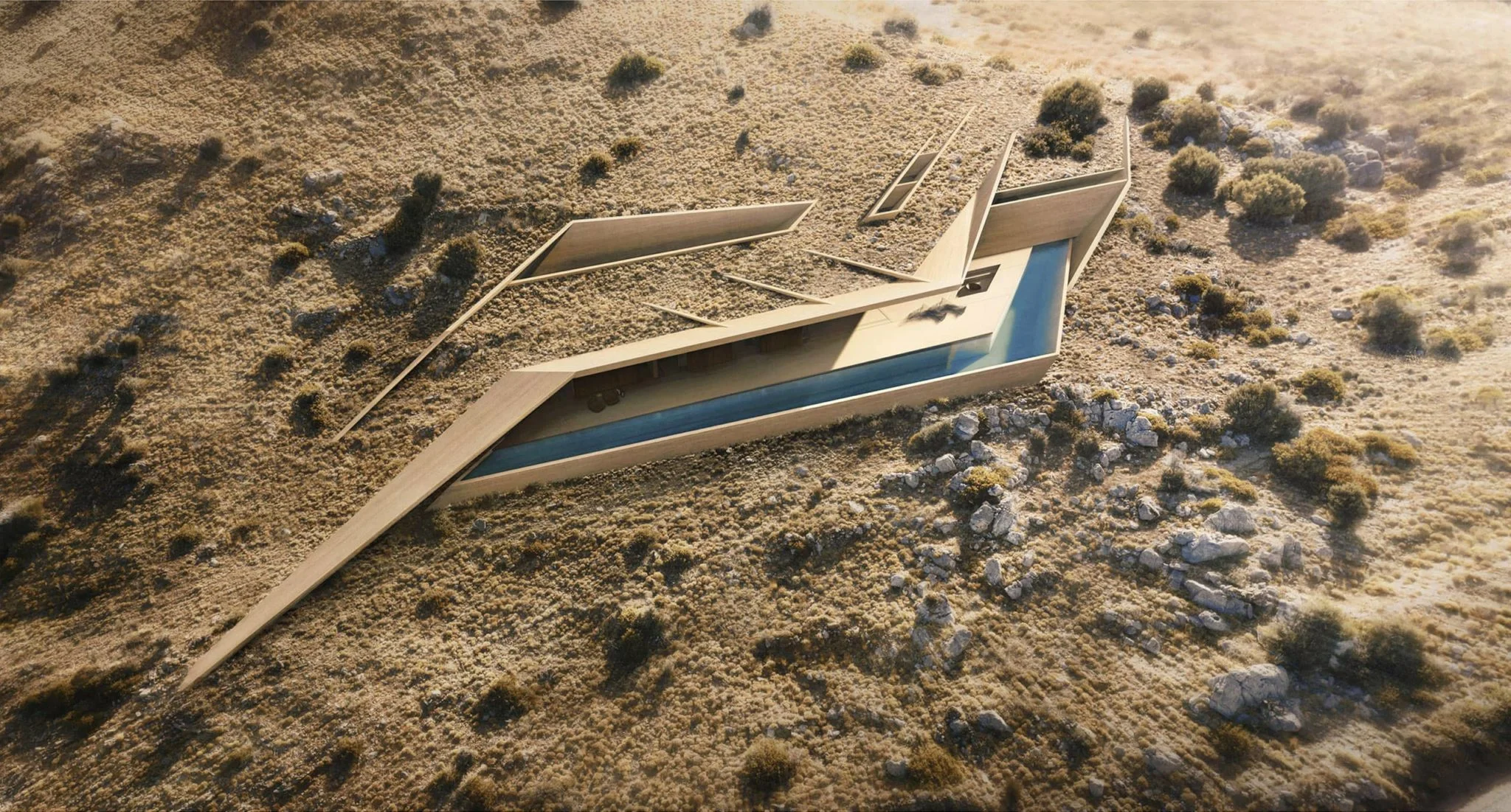 Exterior perspective rendering of a contemporary underground concrete house with a pool; day mode bird-eye view.