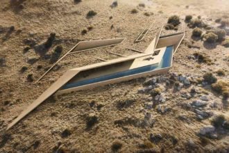 Exterior perspective rendering of a contemporary underground concrete house with a pool; day mode bird-eye view.