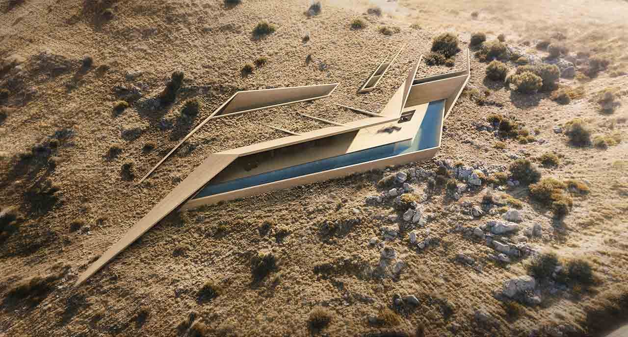 Exterior perspective rendering of a contemporary underground concrete house with a pool; day mode bird-eye view.