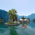 Exterior perspective rendering of a floating wooden cabins on a lake; day mode aerial view.