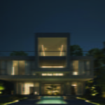 Exterior perspective rendering of a modern 2+ storey concrete house; night mode frontal backyard view.