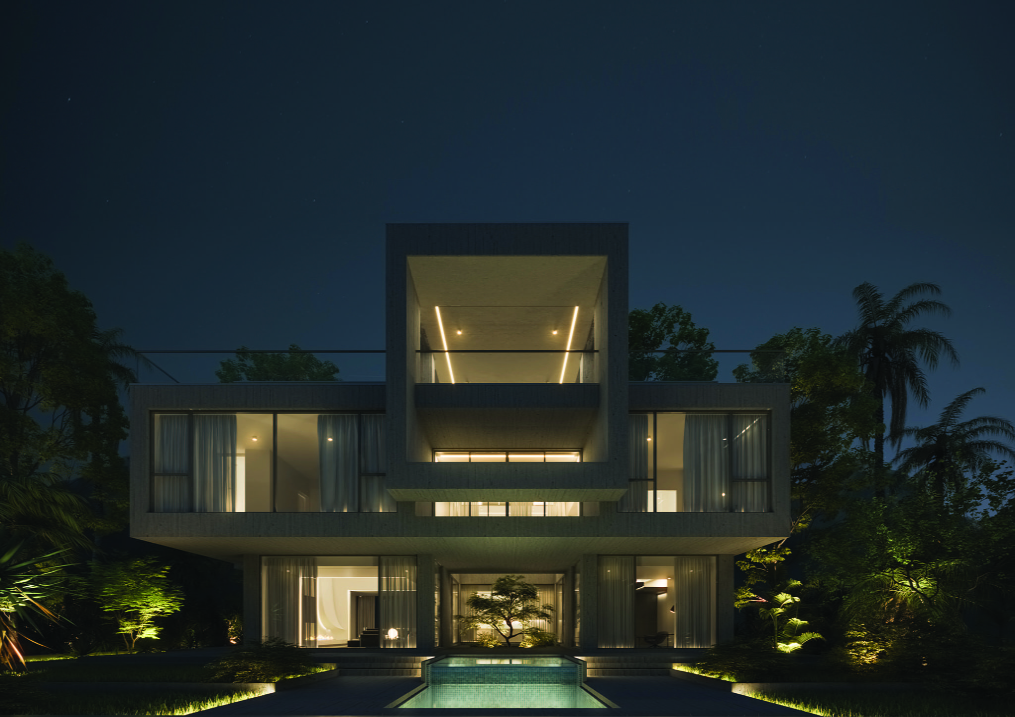 Exterior perspective rendering of a modern 2+ storey concrete house; night mode frontal backyard view.