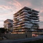 Exterior perspective rendering of a white residential building with green terraces/balconies; sunset mode angular street view.