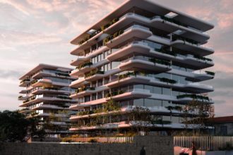 Exterior perspective rendering of a white residential building with green terraces/balconies; sunset mode angular street view.