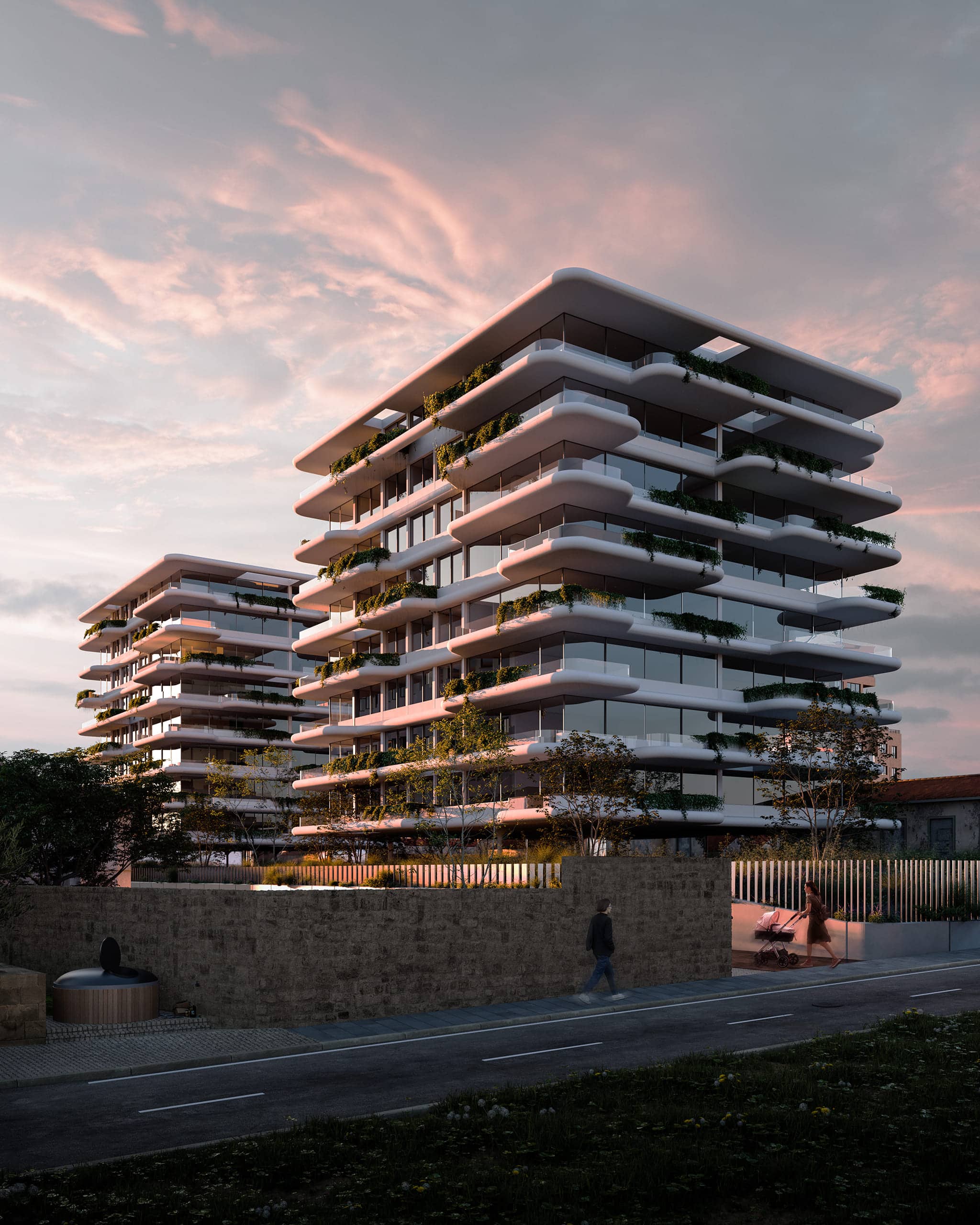 Exterior perspective rendering of a white residential building with green terraces/balconies; sunset mode angular street view.