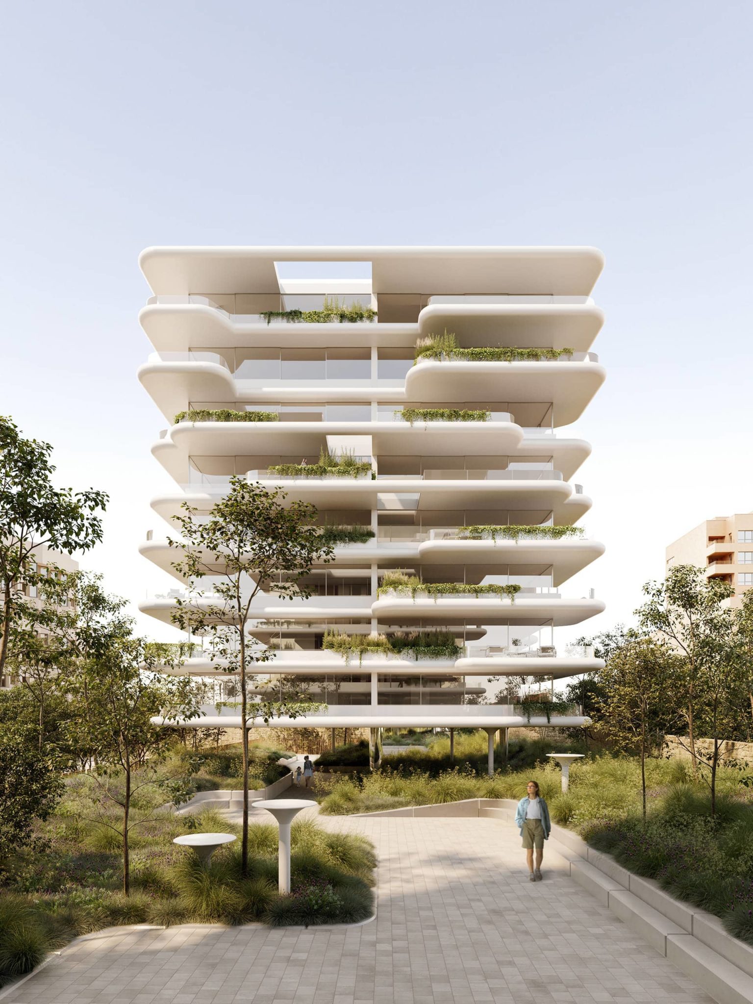 Exterior perspective rendering of a white residential building with green terraces/balconies; sunset mode frontal backyard view.