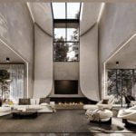 Interior perspective rendering of a modern open double space living room with a big fireplace, and minimalist concrete finishes; frontal view.