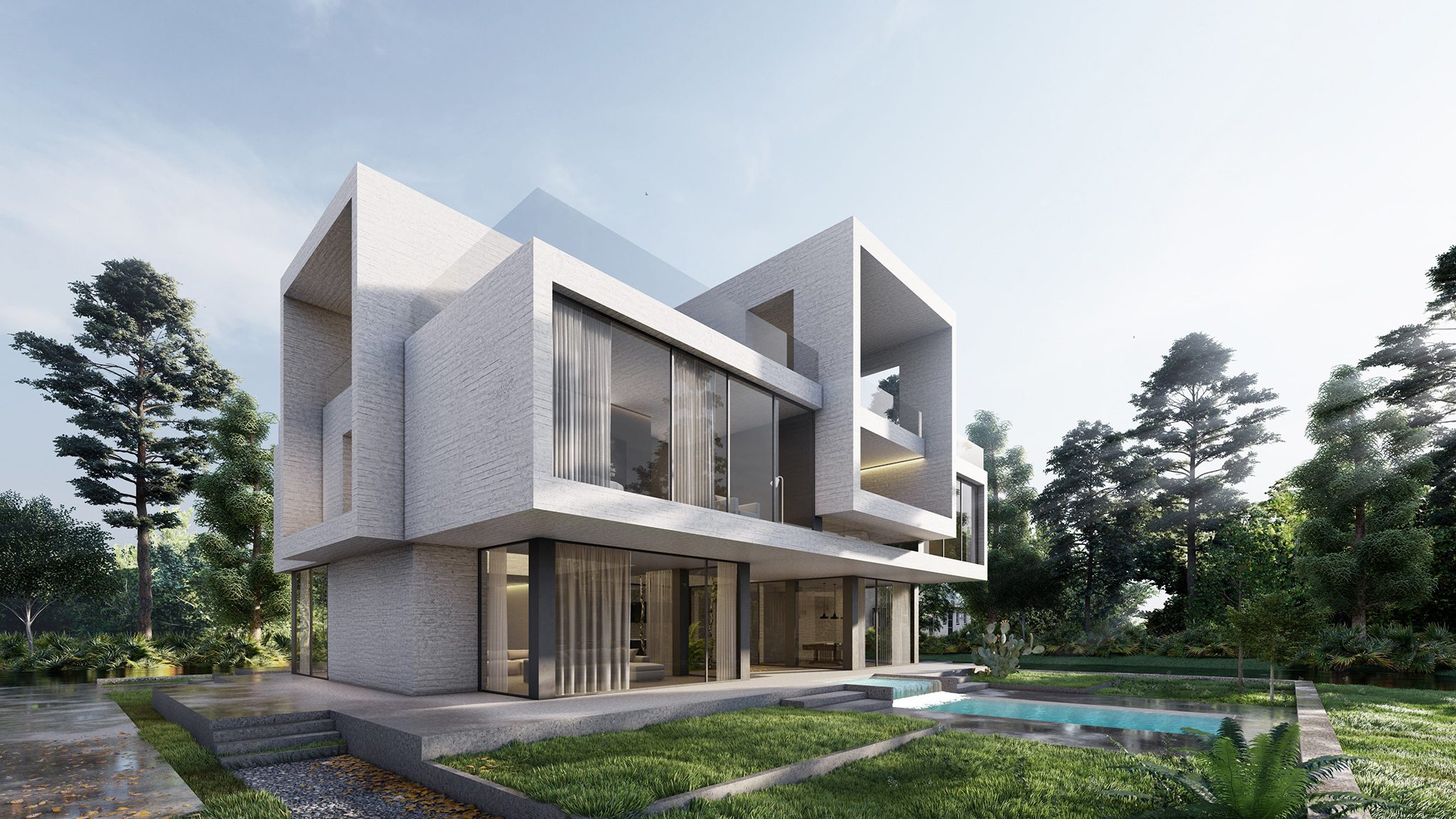 Exterior perspective rendering of a modern 2+ storey concrete house; day mode angular backyard view.