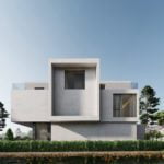 Exterior perspective rendering of a modern 2+ storey concrete house; day mode frontal street view.