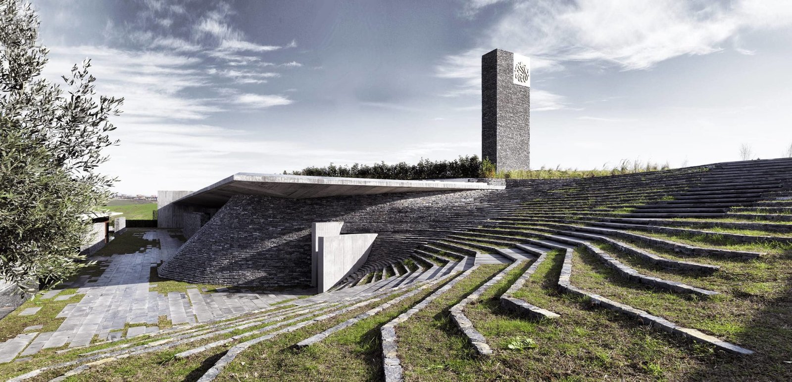 Exterior photography of hillside line steps and the entrance to a minimalist stone mosque; day mode angular view.
