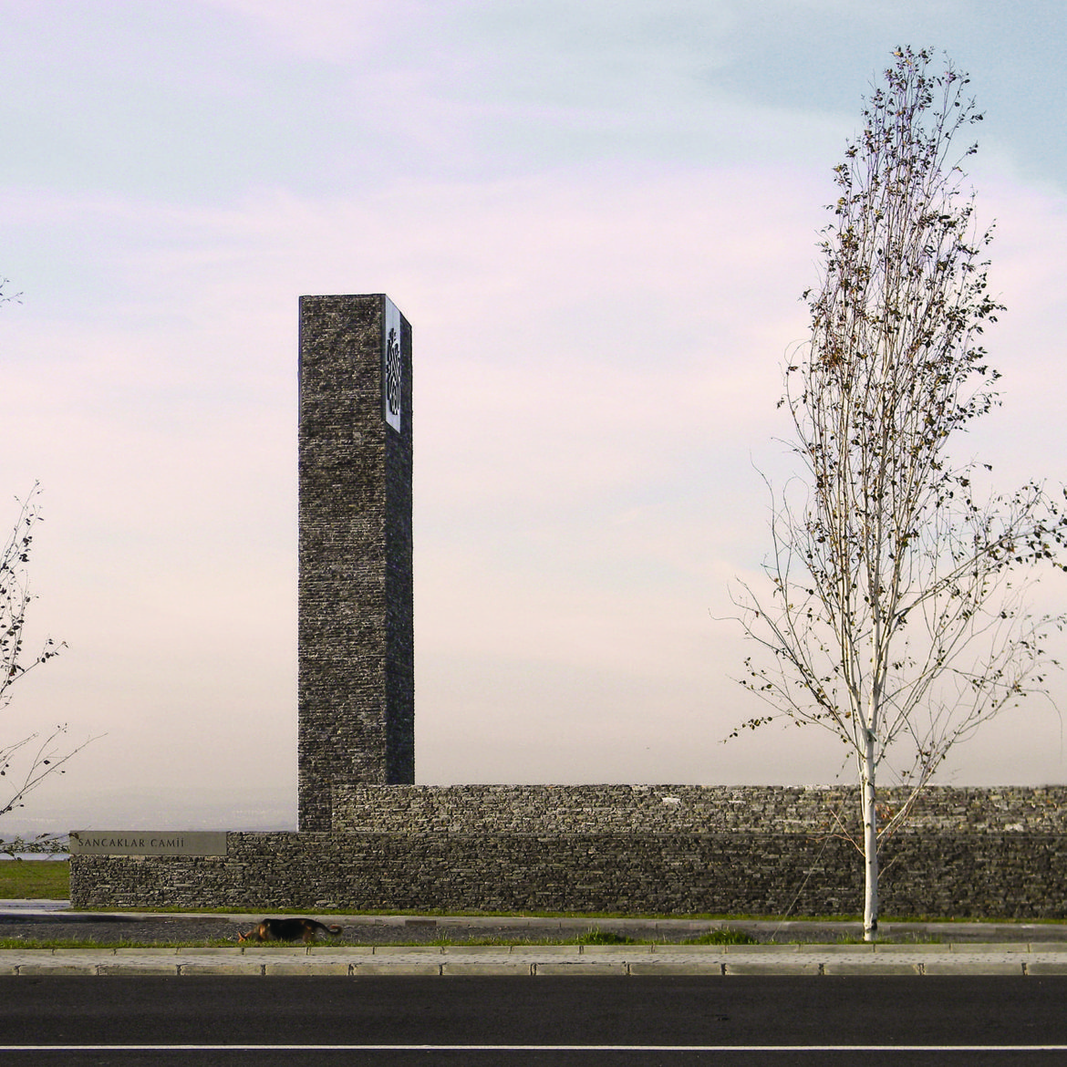 Exterior photography of stone walls and a minaret (vertical minimalist stone element) of a minimalist stone mosque; sunset mode frontal view.