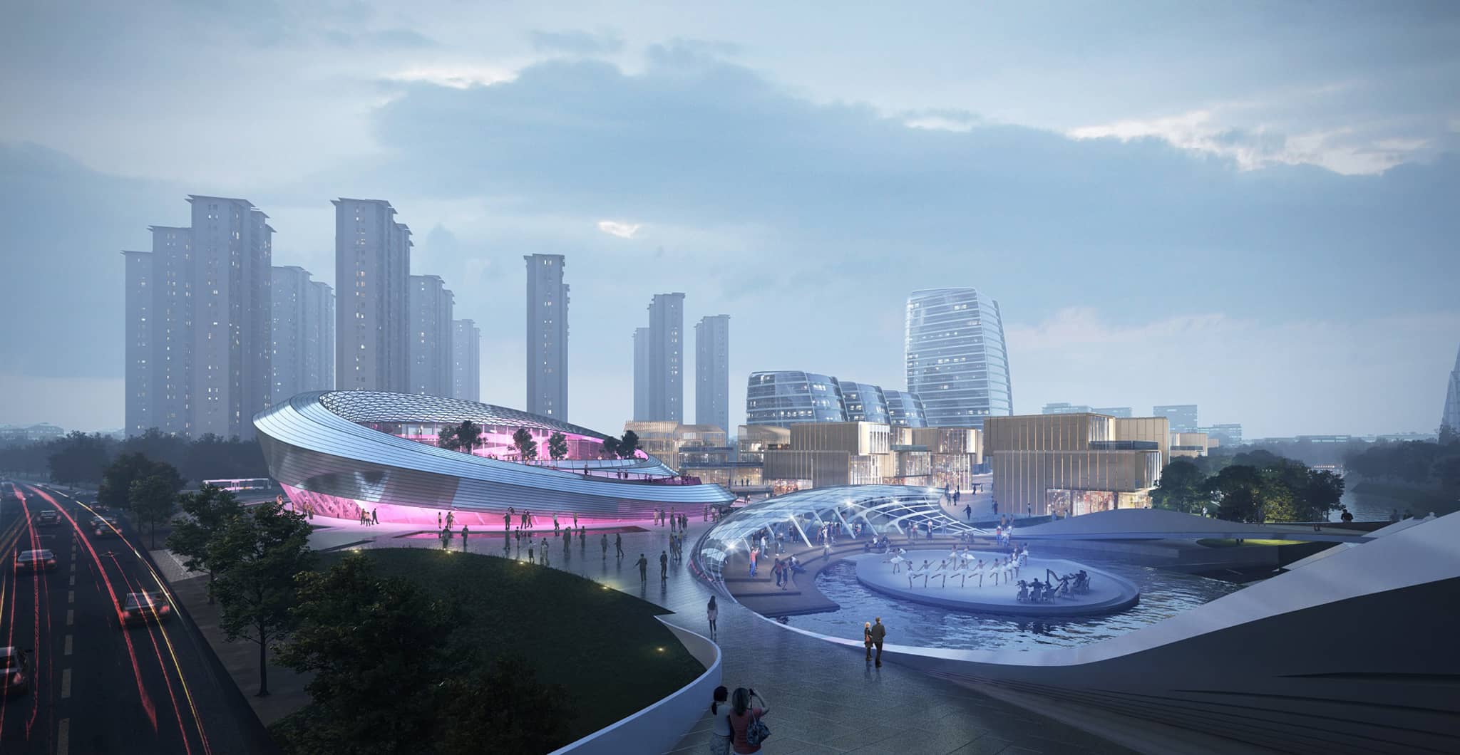 Exterior perspective rendering of an artistic and futuristic exhibition centre with led lighting; sunset mode aerial view.