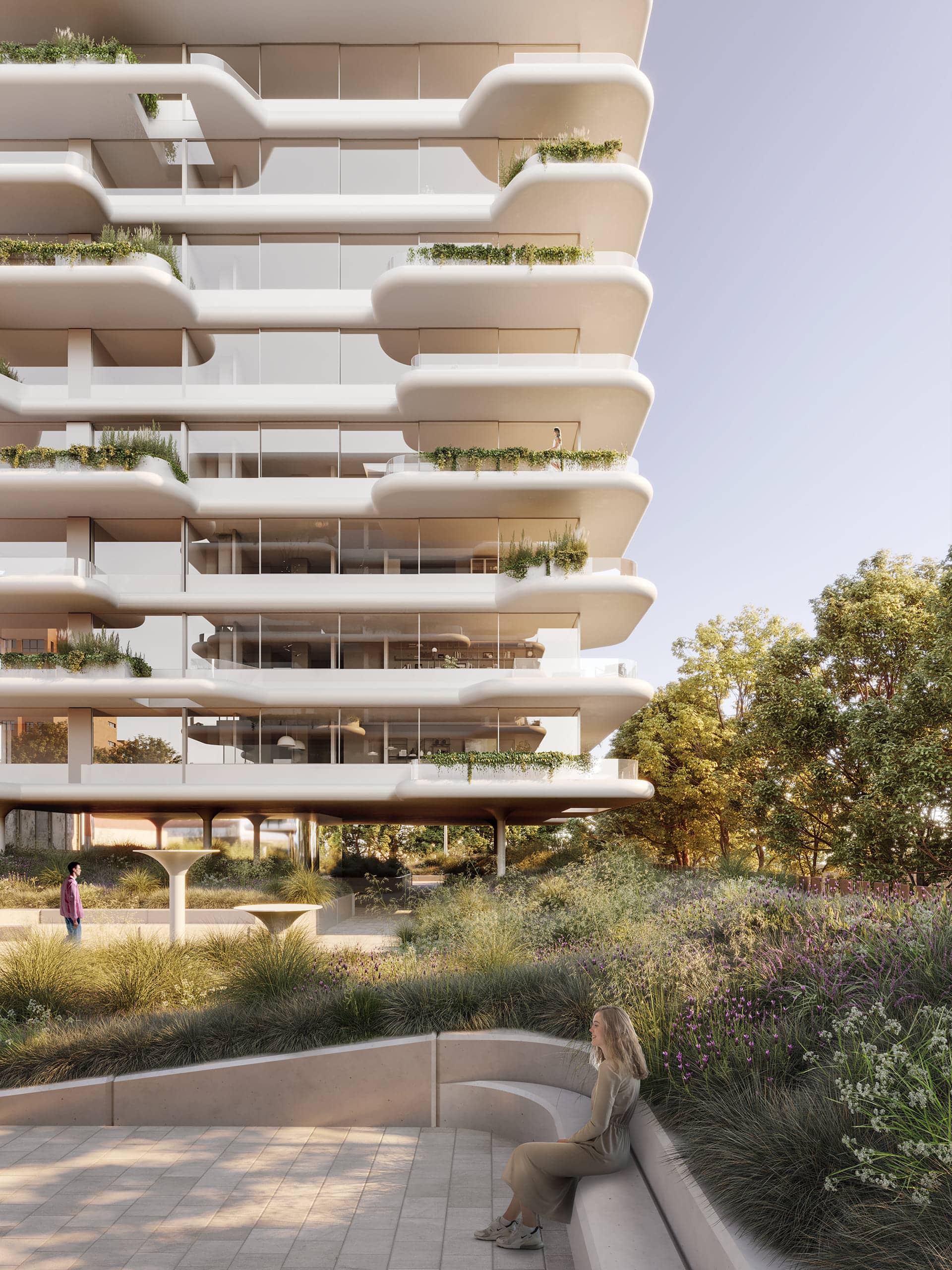 Exterior perspective rendering of a white residential building with green terraces/balconies; sunset mode frontal backyard view.