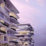 Exterior perspective rendering of a white residential building with green terraces/balconies; sunset mode angular street view.