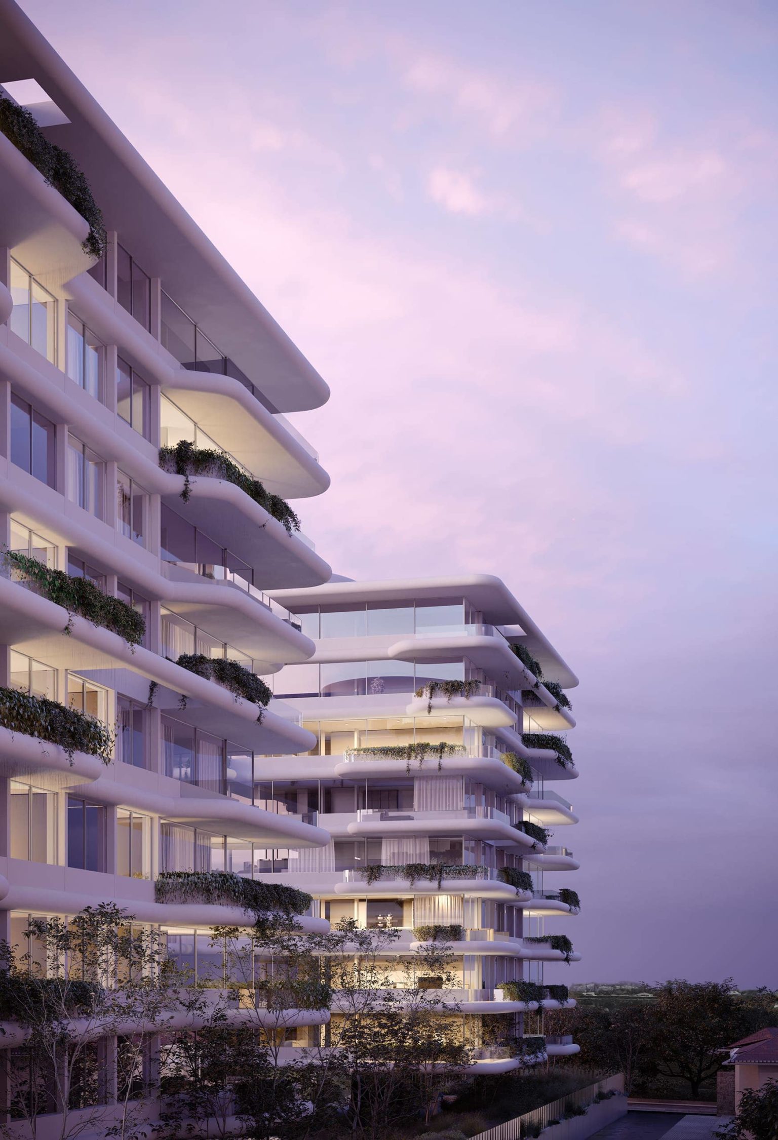 Exterior perspective rendering of a white residential building with green terraces/balconies; sunset mode angular street view.