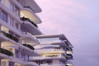 Exterior perspective rendering of a white residential building with green terraces/balconies; sunset mode angular street view.